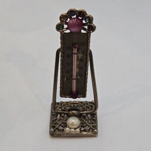 Vintage Tilt Thermometer Floral Gilt with Faux Pearls Moonglow and Foil Backed